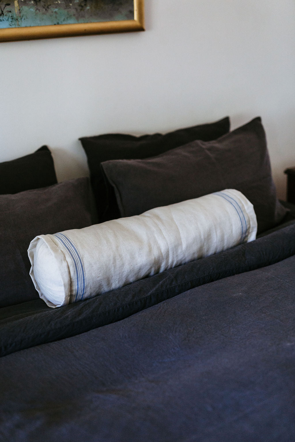 Dusty Blue Stripe Linen Bolster Cushion