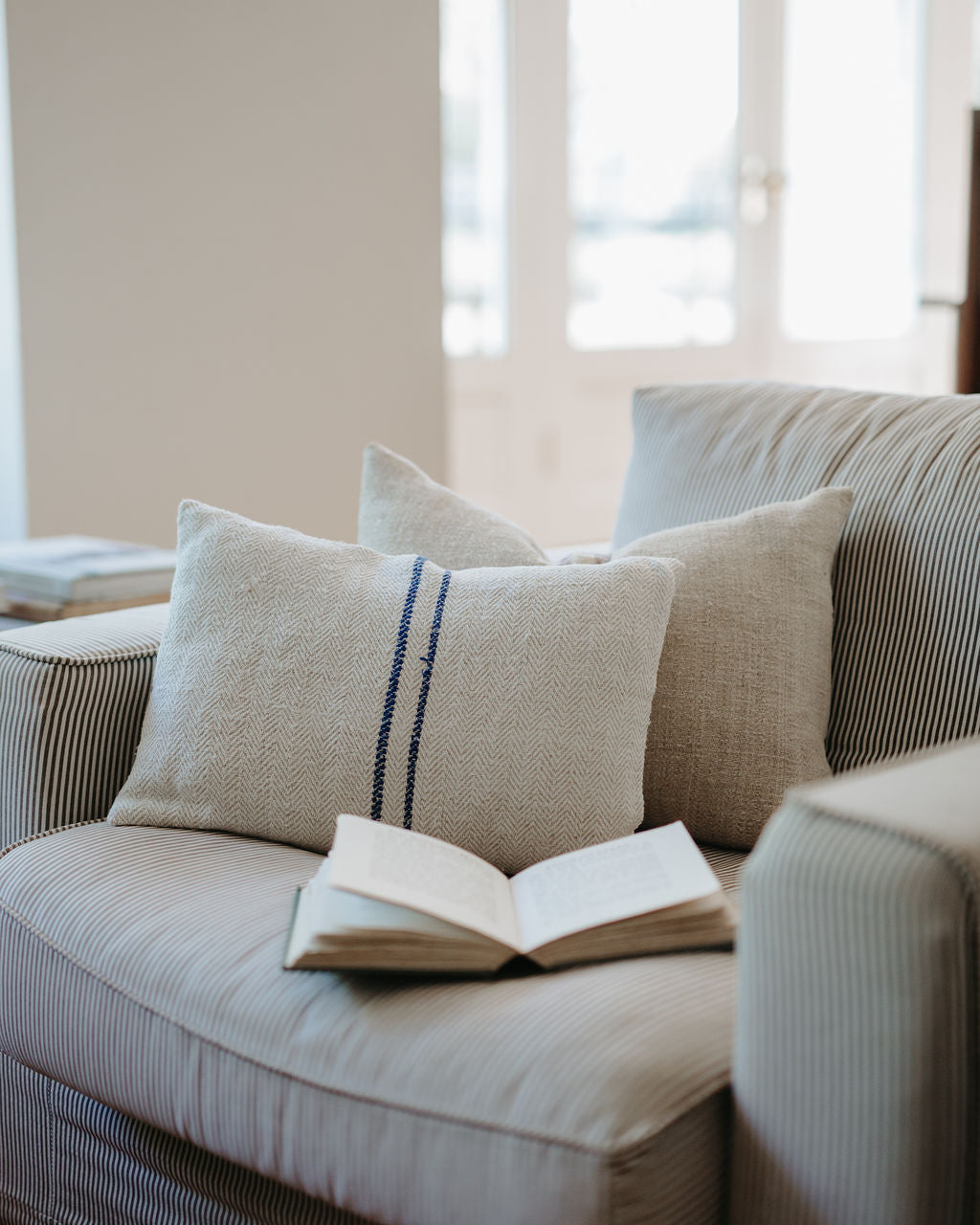 Cobalt Stripe Grain Sack Cushion Cover
